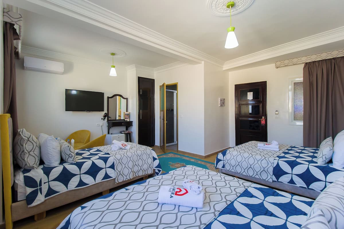 Habitación de hotel con dos camas, televisor, espejo y armario.