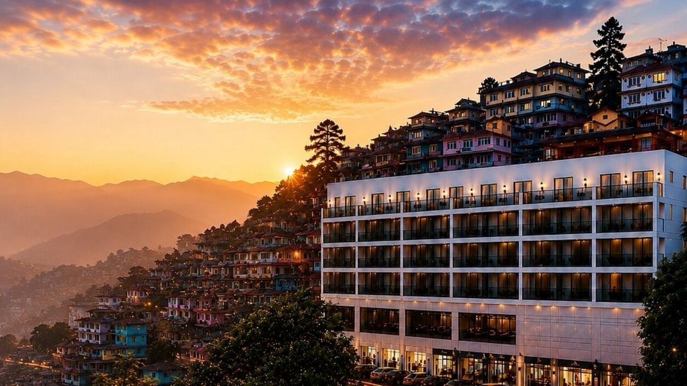 A multi-story hotel with balconies, set against a backdrop of a mountainous landscape during sunset.