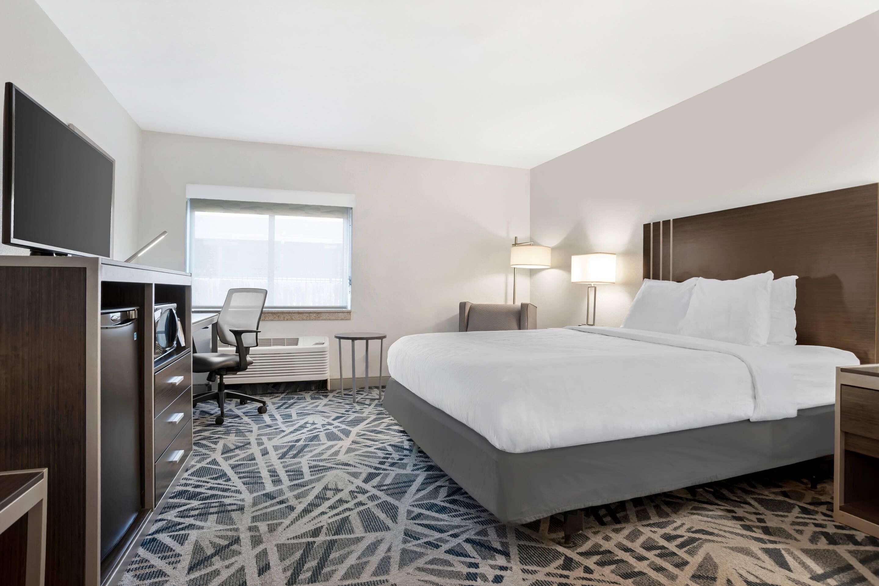 Habitación de hotel con cama, escritorio, silla, televisor y alfombra estampada.