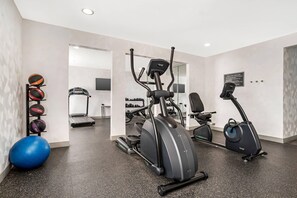 A home gym with exercise equipment, a treadmill, and a wall-mounted rack with sports balls.