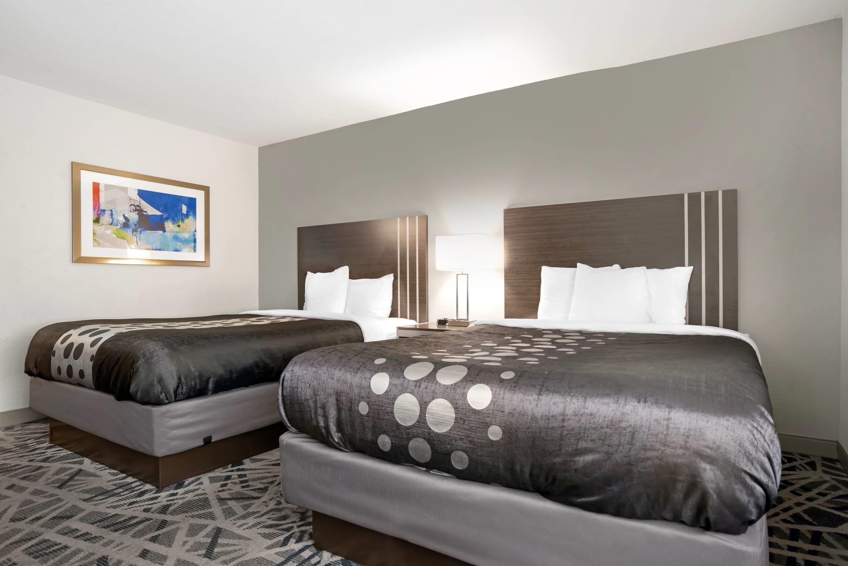 Desk, laptop workspace, blackout curtains, iron/ironing board