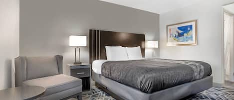 Desk, laptop workspace, blackout curtains, iron/ironing board