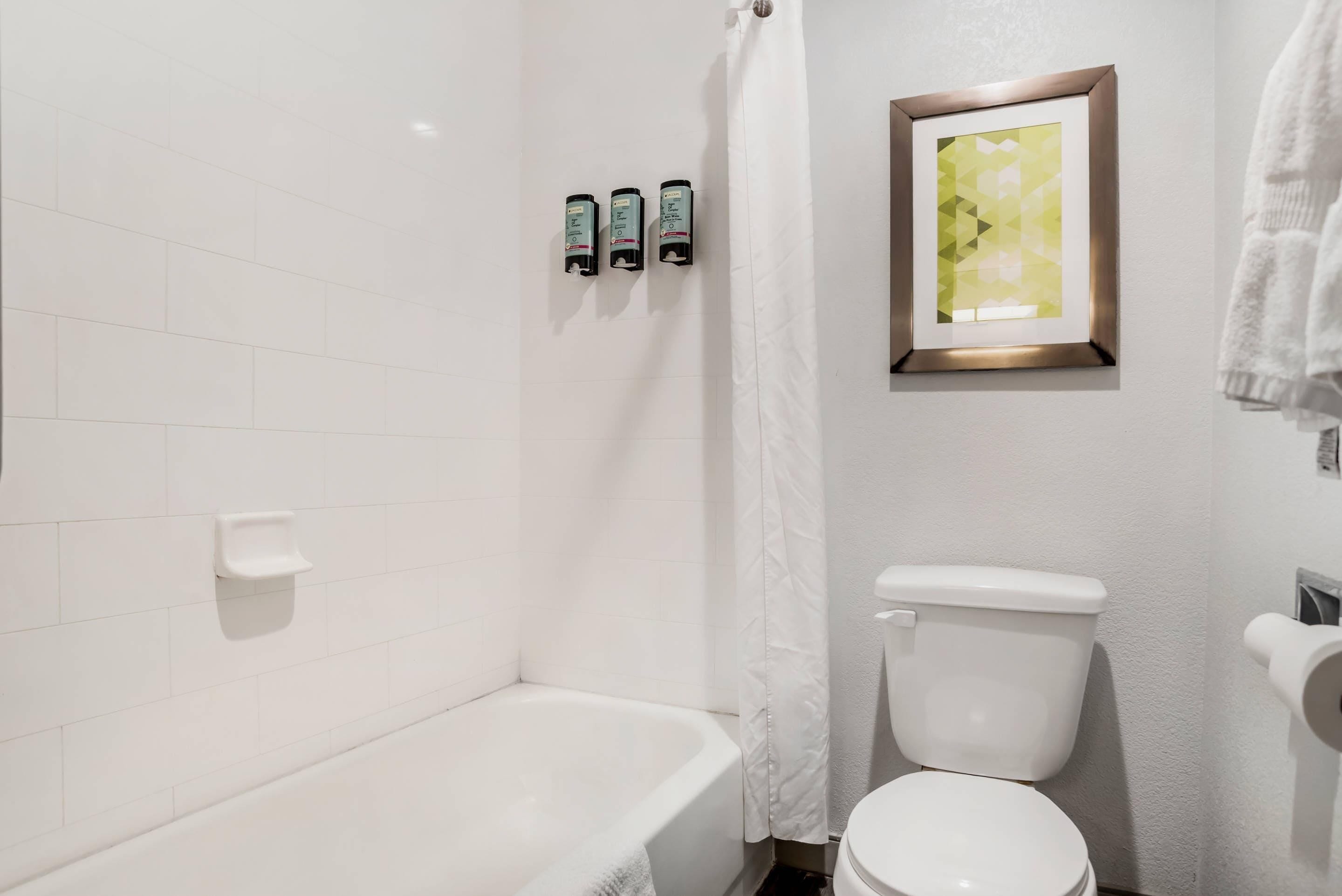 A bathroom with a bathtub, toilet, and a framed picture on the wall.