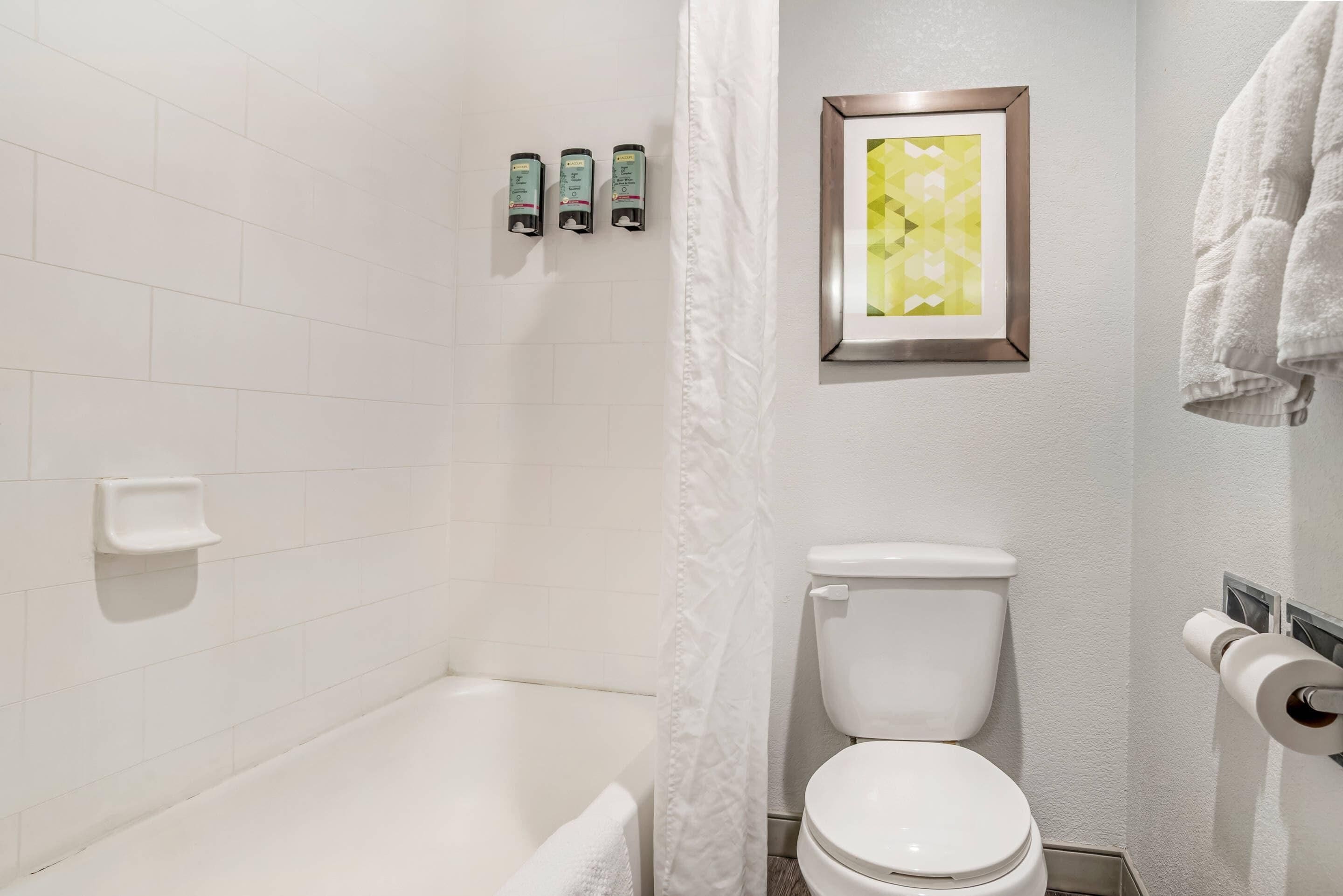 Een badkamer met een bad, toilet en zeepdispensers.