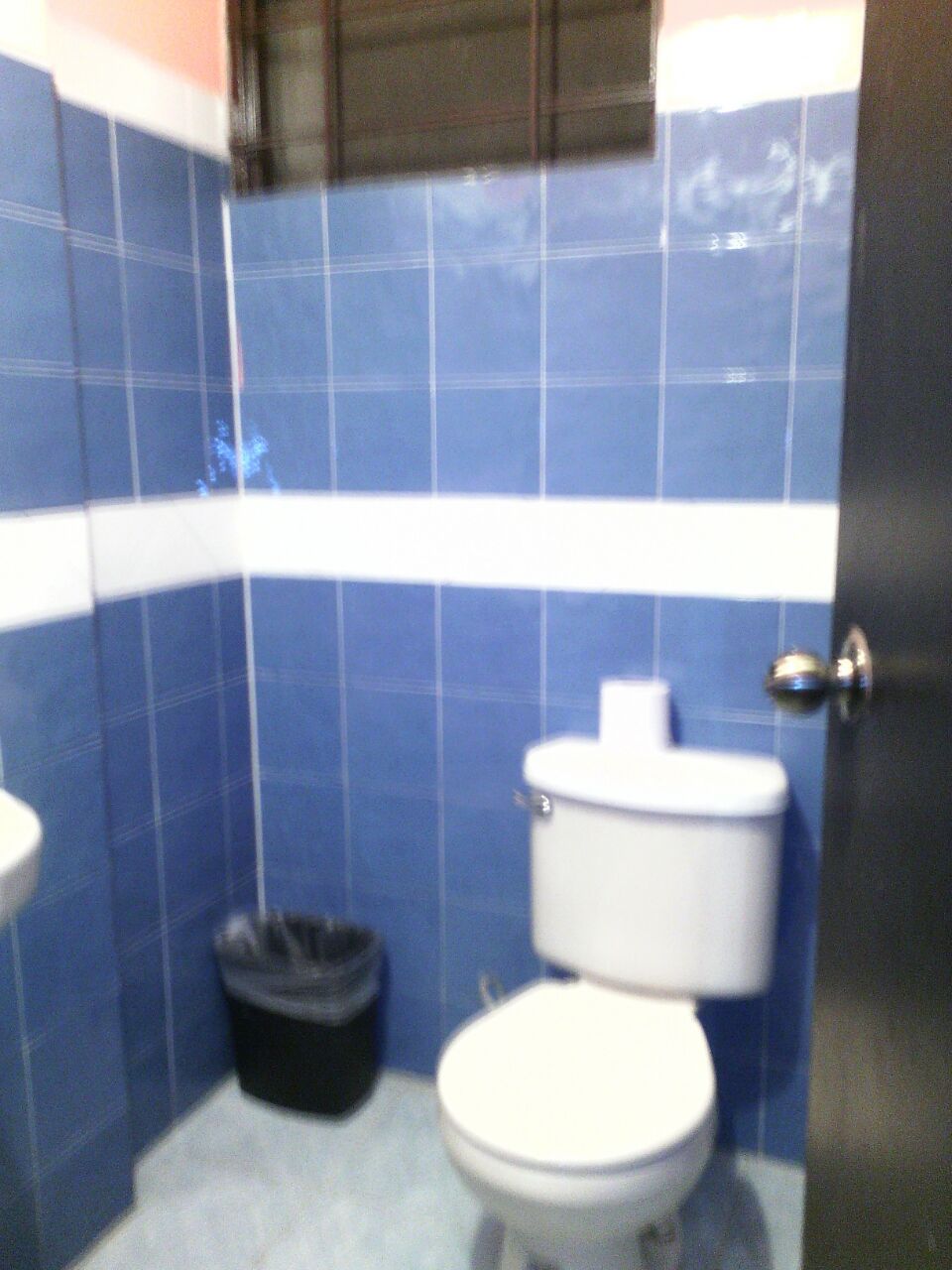 A small bathroom with a toilet, a trash bin, and a sink.