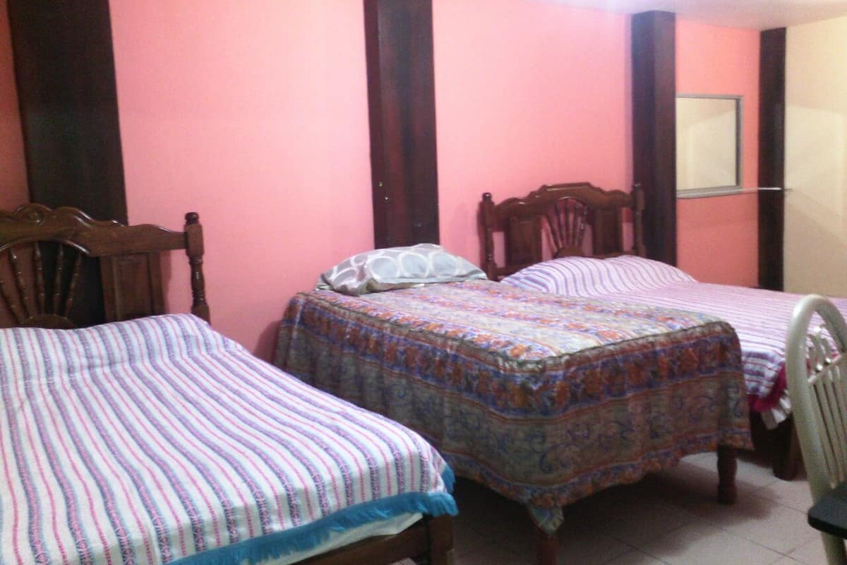 A room with two wooden beds, a chair, and a mirror on the wall.