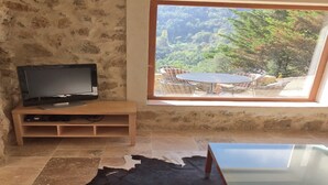 A room with a television on a wooden stand, a glass table, and a cowhide rug. A large window offers a view of a patio with outdoor furniture.