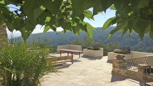 An outdoor patio with a table and chairs, surrounded by potted plants and overlooking a mountainous landscape.