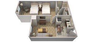 Plano de planta en 3D de una habitación de hotel con dos camas, un sofá, una mesita, un escritorio y un baño.