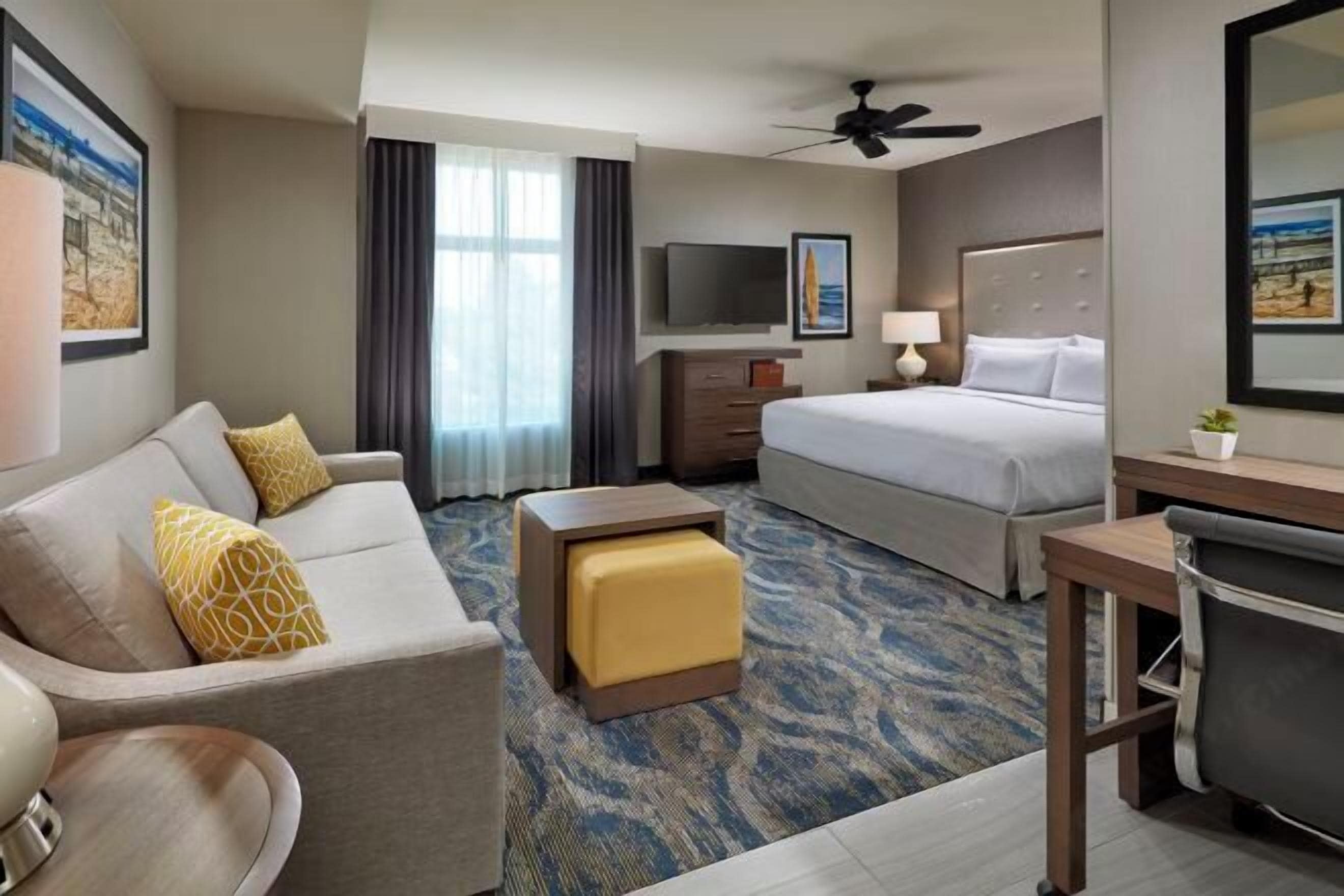 Desk, laptop workspace, blackout curtains, iron/ironing board