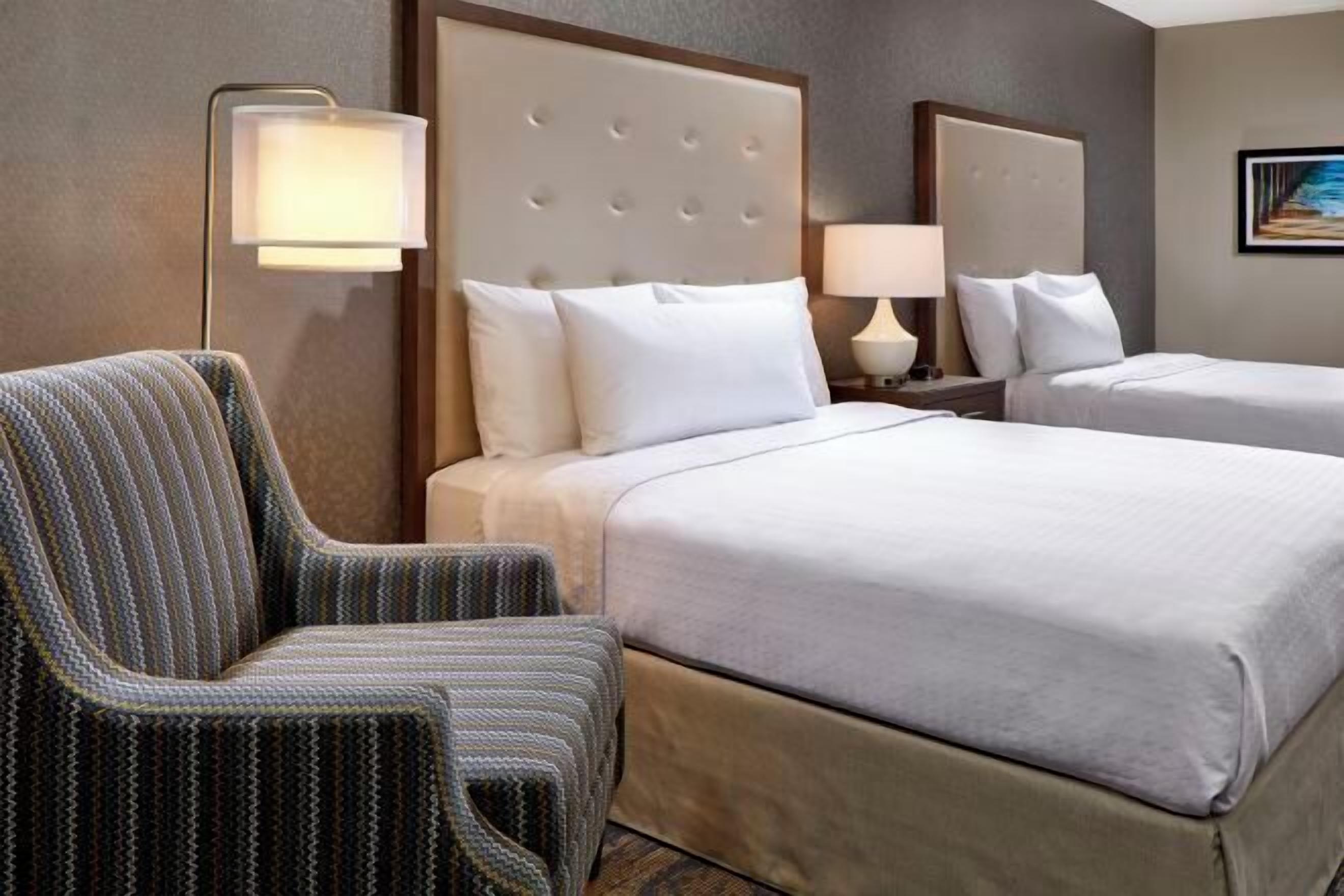 Desk, laptop workspace, blackout curtains, iron/ironing board