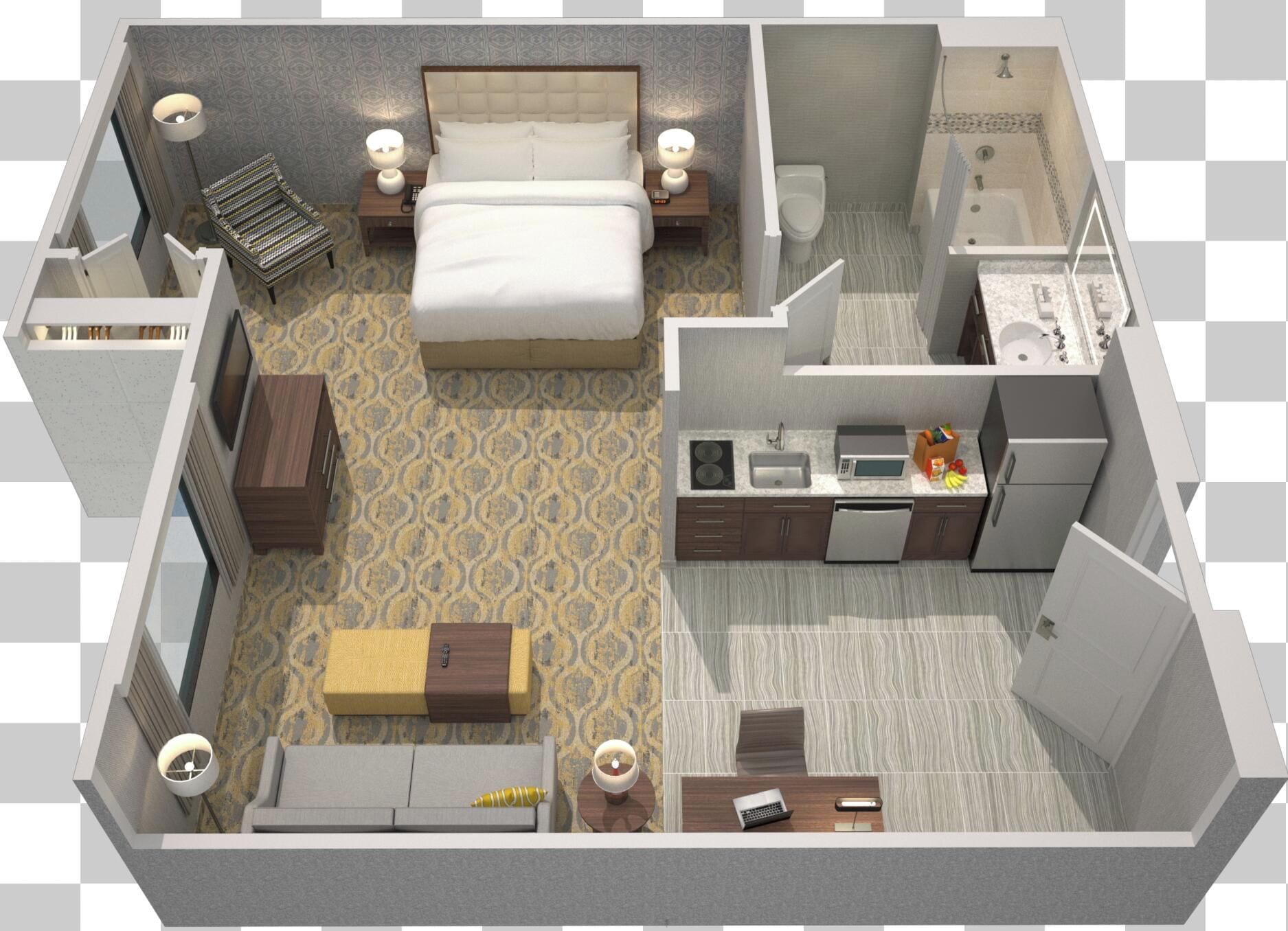 Habitación de hotel con cama, mesitas de noche, escritorio, silla, sofá, kitchenette y baño.