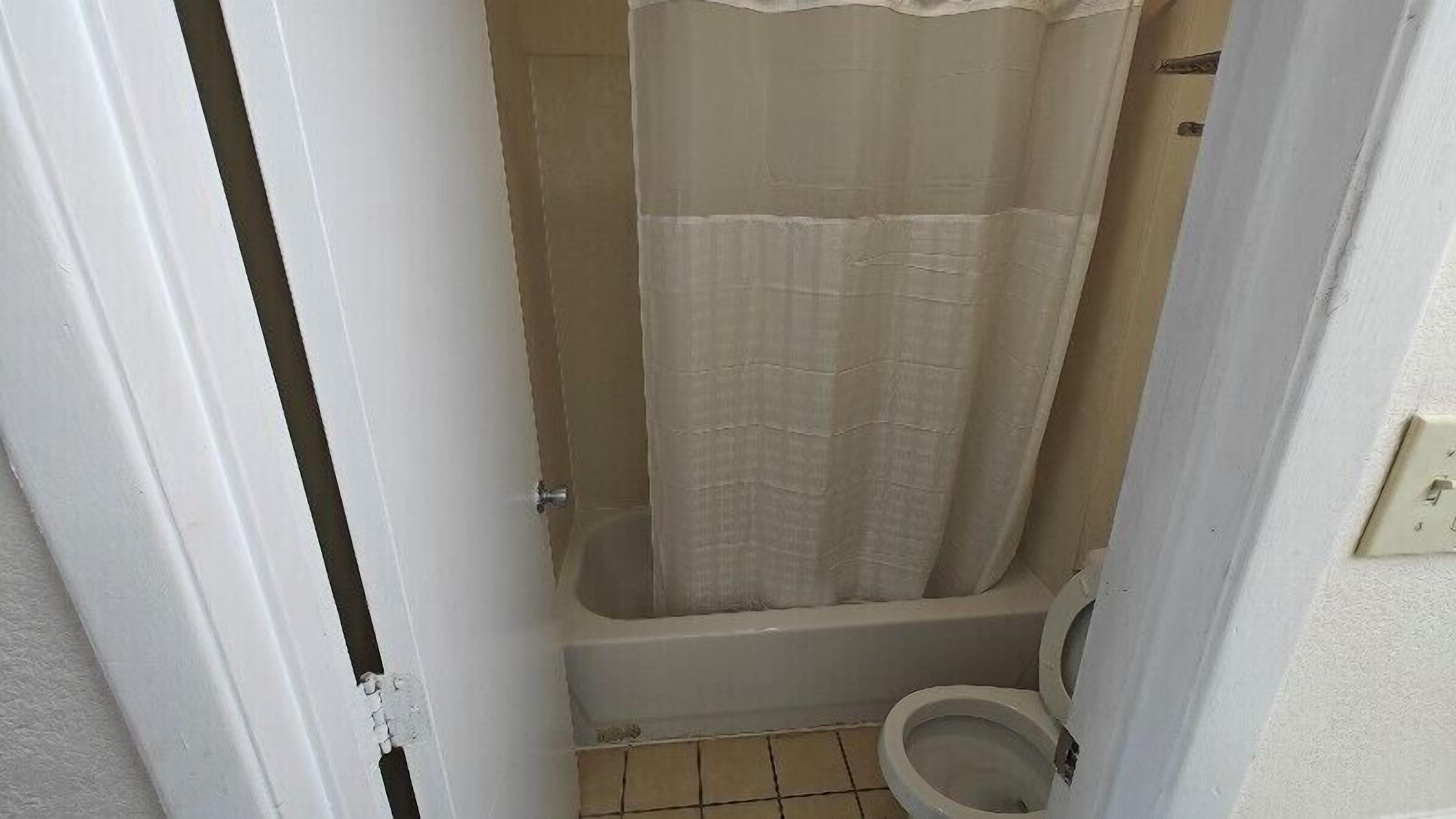 A small bathroom with a bathtub, toilet, and a shower curtain.
