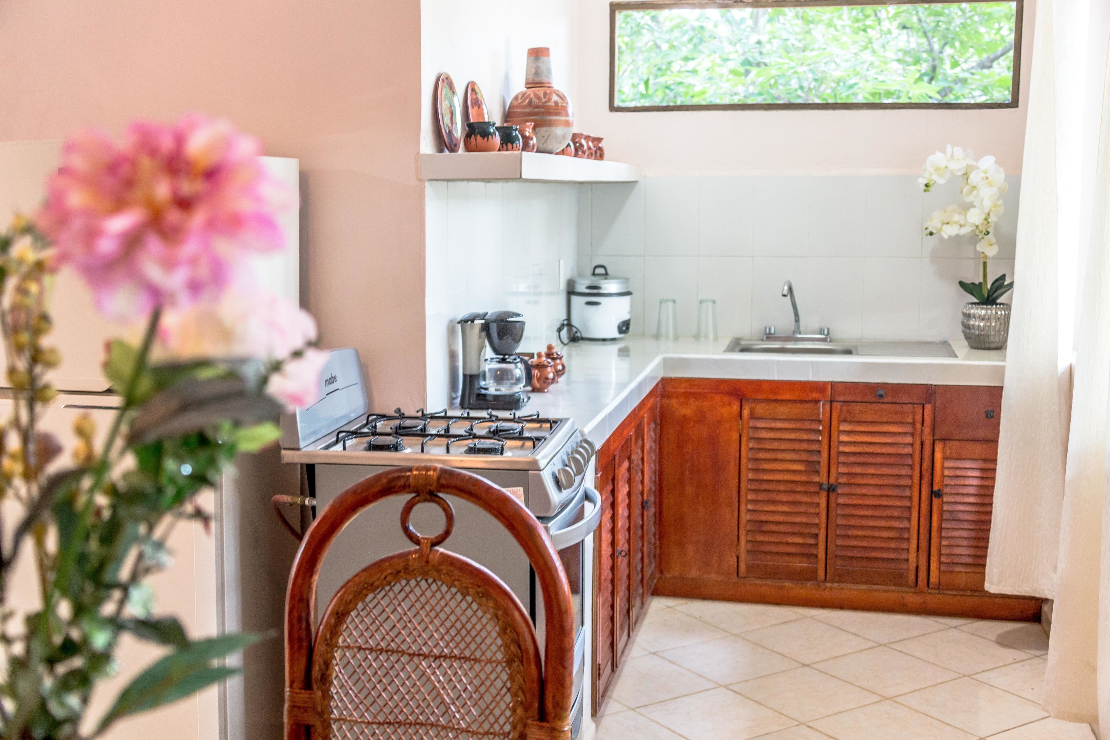 Cocina con estufa, lavamanos y armarios de madera. Se ve una silla y una planta en maceta.