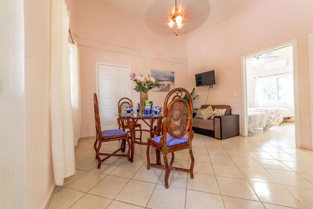 A dining area with a table and chairs, a sofa, a TV, and a bed in the background.