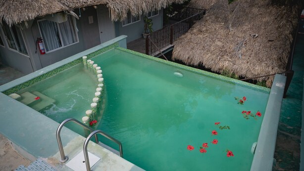 A swimming pool with a thatched roof and a fire extinguisher visible in the background.
