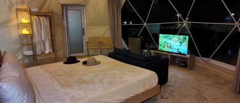 A bedroom with a bed, a TV, a sofa, and a window.
