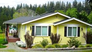A yellow house with a porch, surrounded by greenery and trees. - Mutiny Bay Cottage (Freeland)