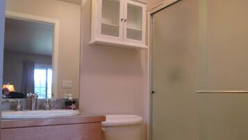 Separate bathtub and shower, towels