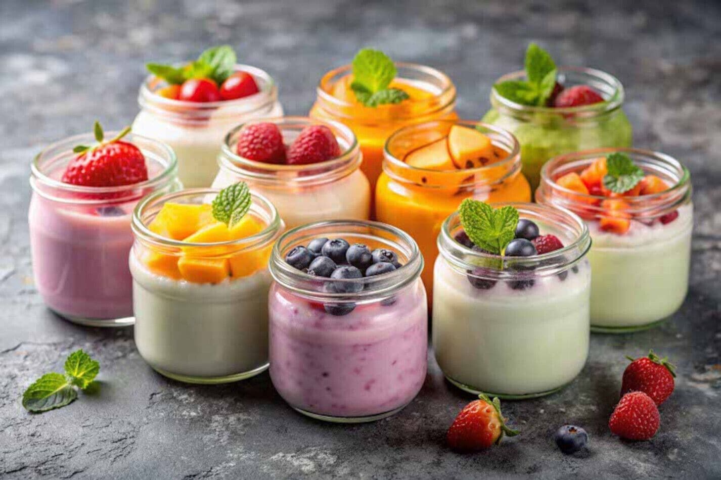 Verschillende yoghurt-desserts met fruit, geserveerd in glazen potjes.