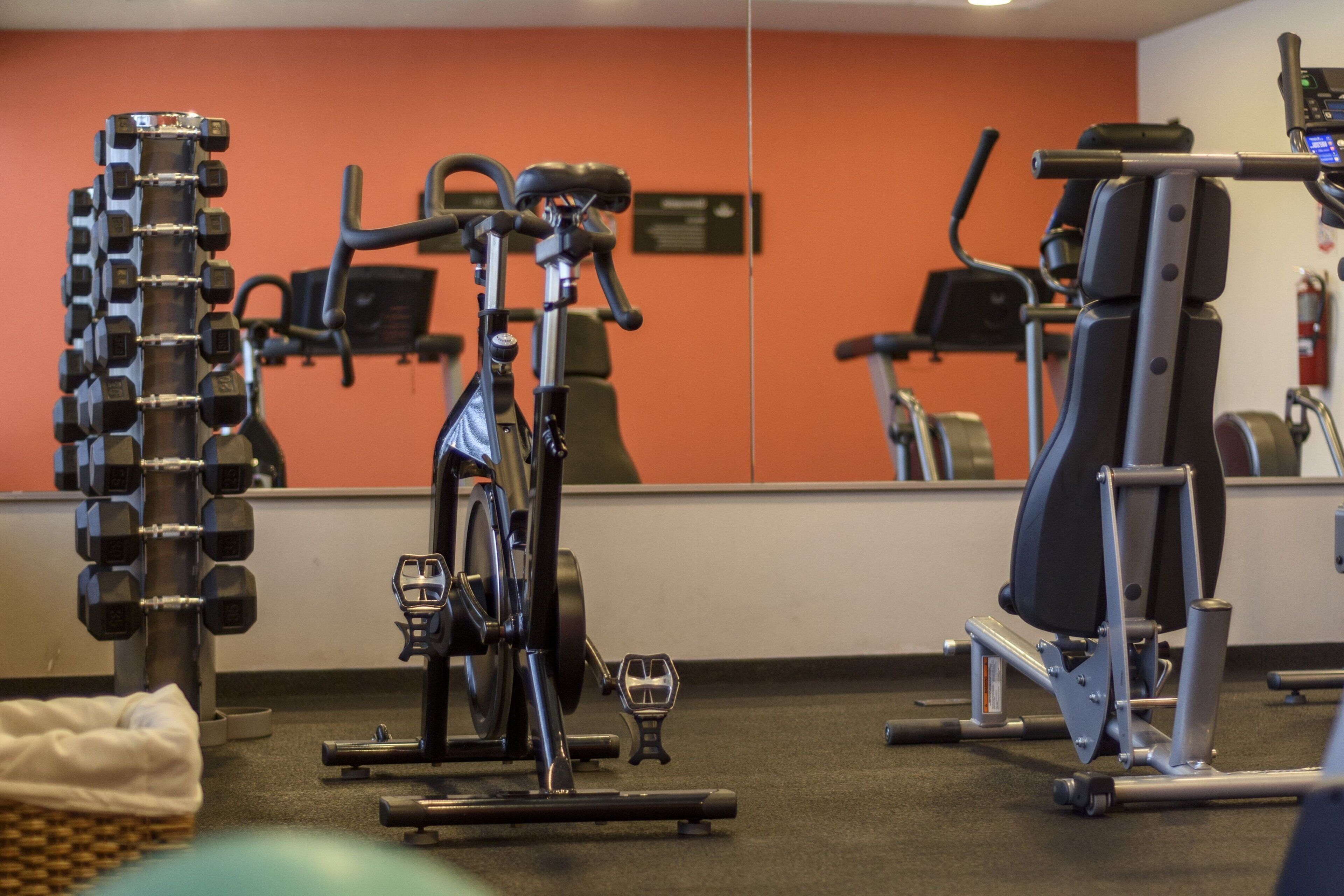 Un gimnasio con equipo de ejercicio, incluyendo una bicicleta estática, una máquina de remo y mancuernas.