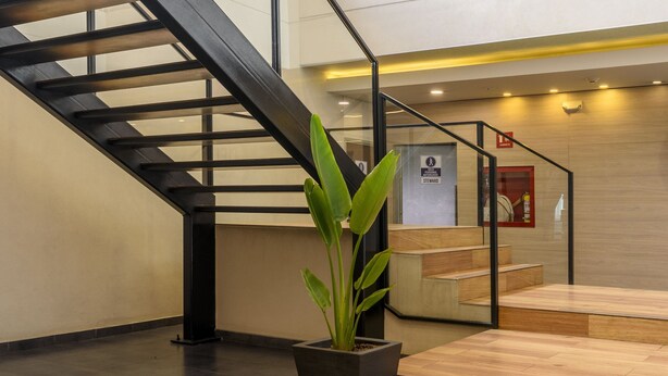 A modern indoor staircase with a glass railing, a potted plant, and a fire safety sign.