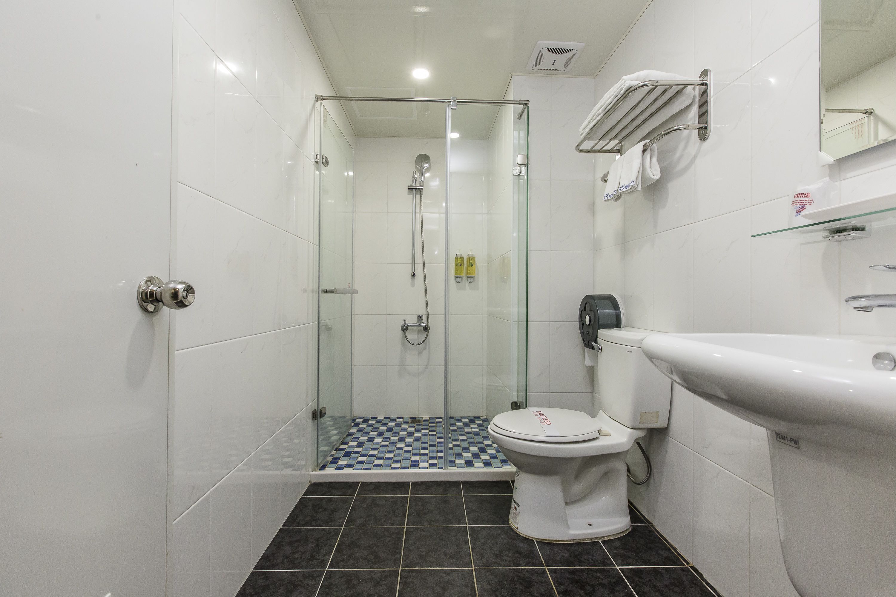 Une salle de bain moderne dotée d’une douche à parois de verre, de toilettes et d’un lavabo.