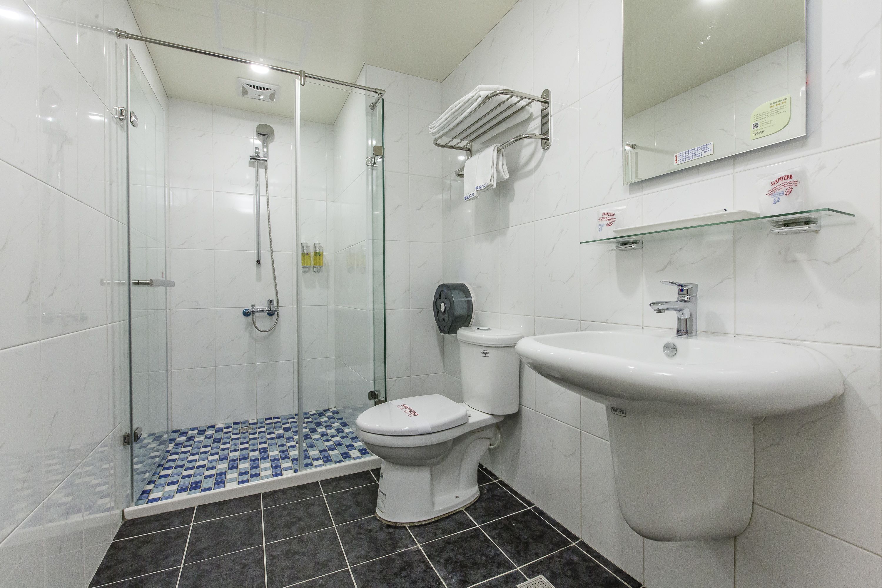 A modern bathroom with a glass shower enclosure, a toilet, a sink, and a tiled floor.
