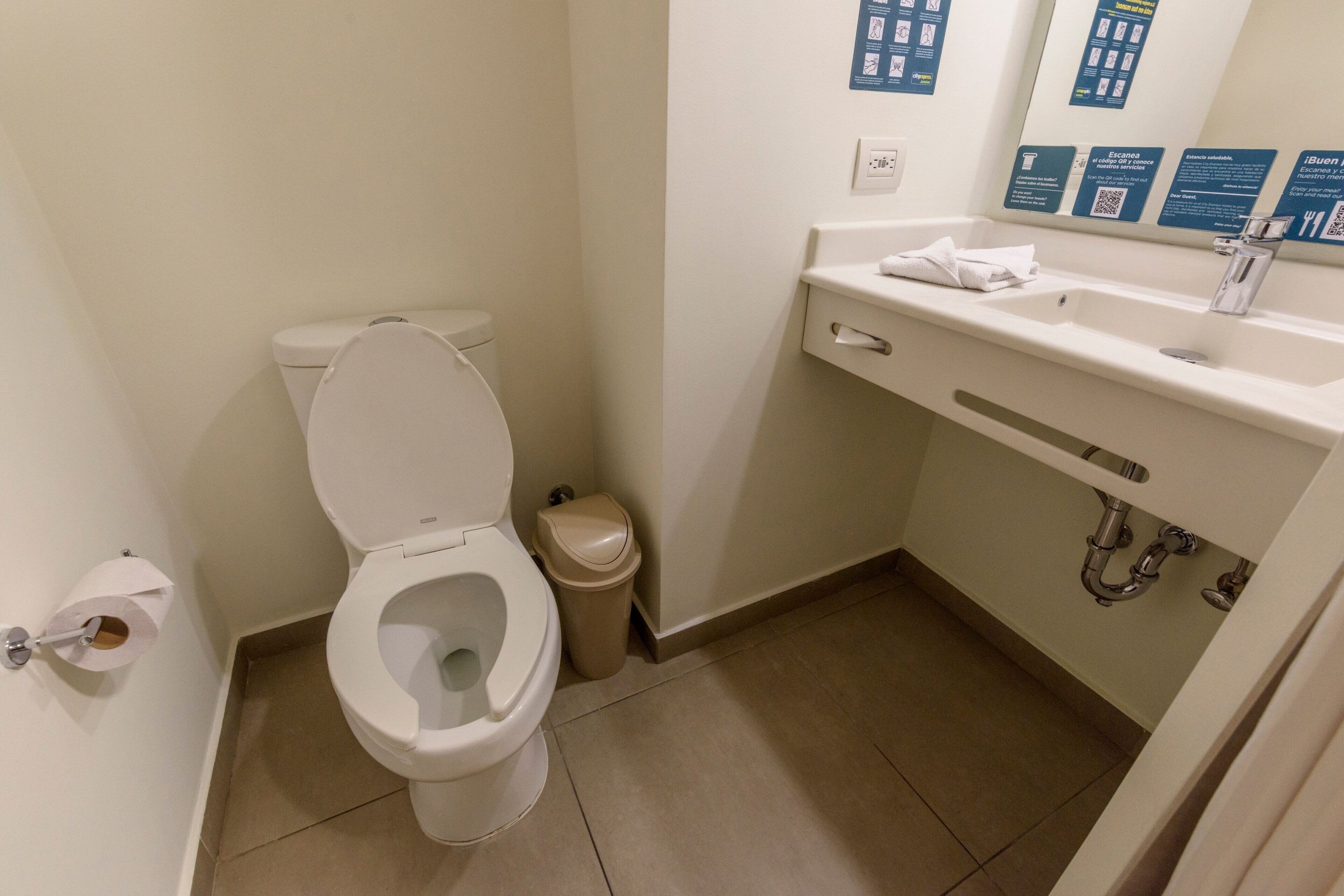 A small, clean bathroom with a toilet, a trash can, a sink, and a mirror.