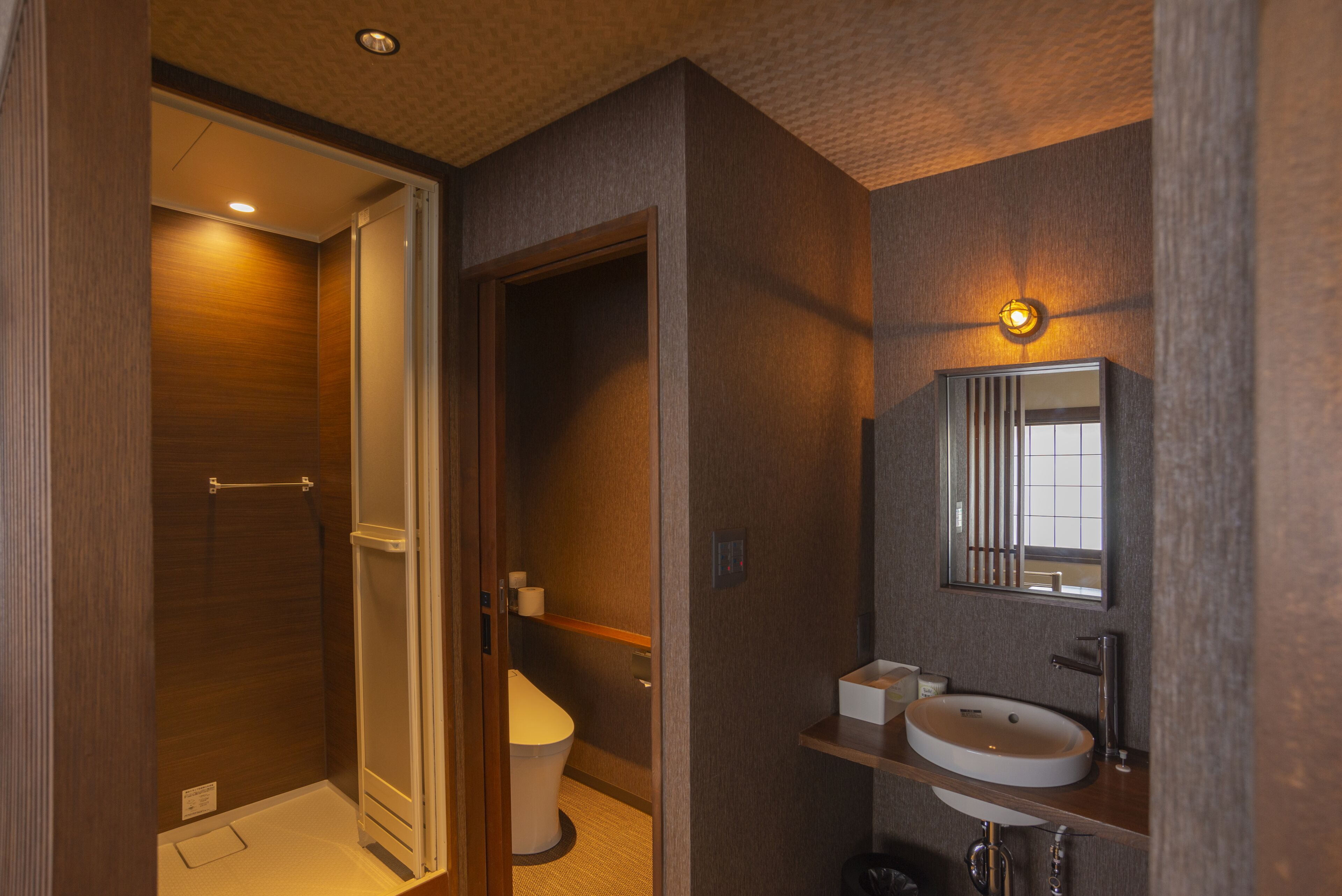 A modern bathroom with a walk-in shower, toilet, and a vanity with a sink and mirror.