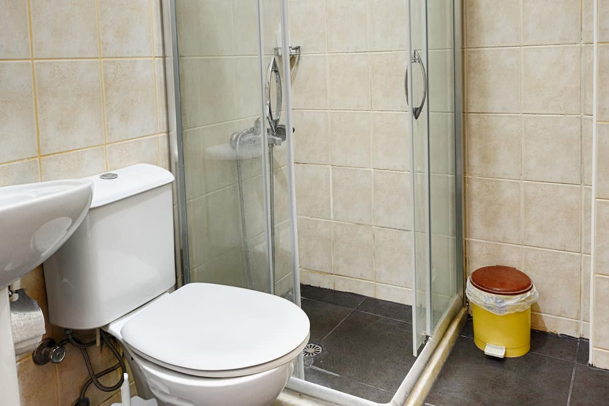 A bathroom with a glass-enclosed shower, a toilet, and a sink.