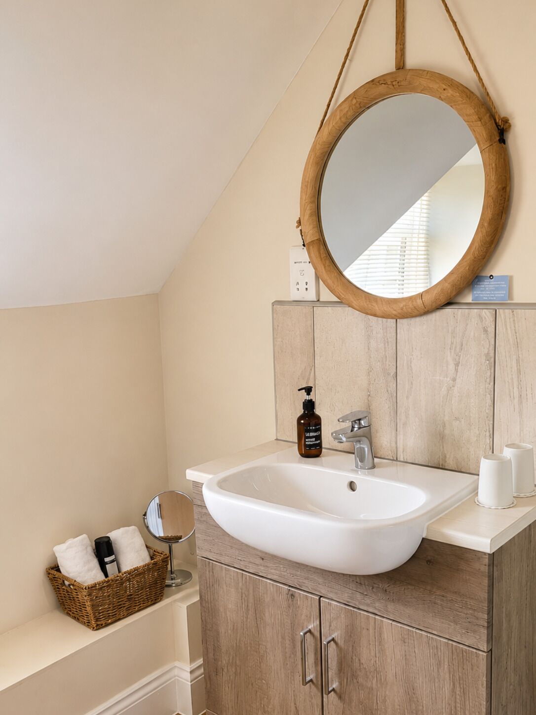 A bathroom with a white sink, wooden vanity, a round mirror, and a hanging wooden-framed mirror.