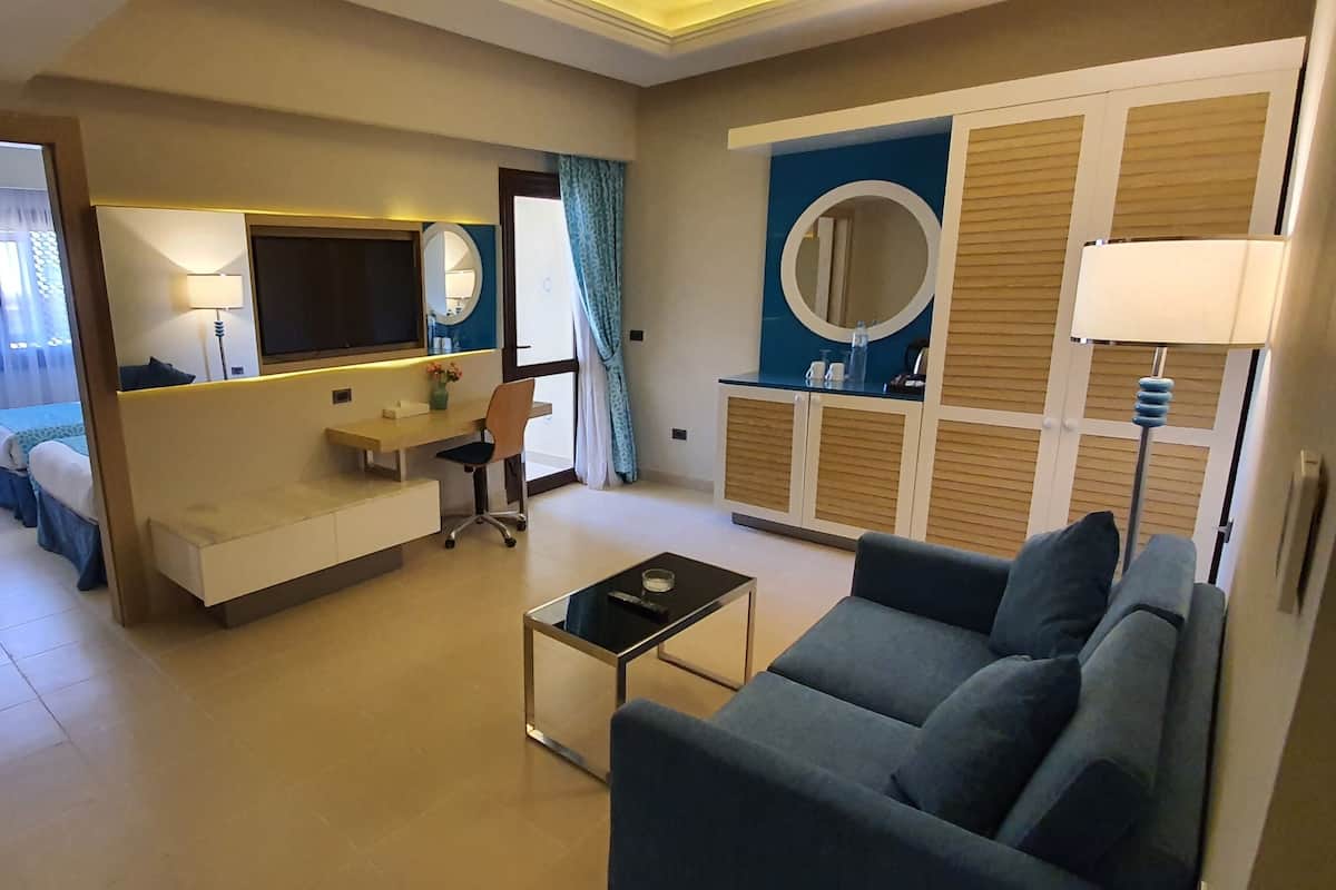 A hotel room with a bed, a desk, a sofa, a TV, a mirror, and a wardrobe.