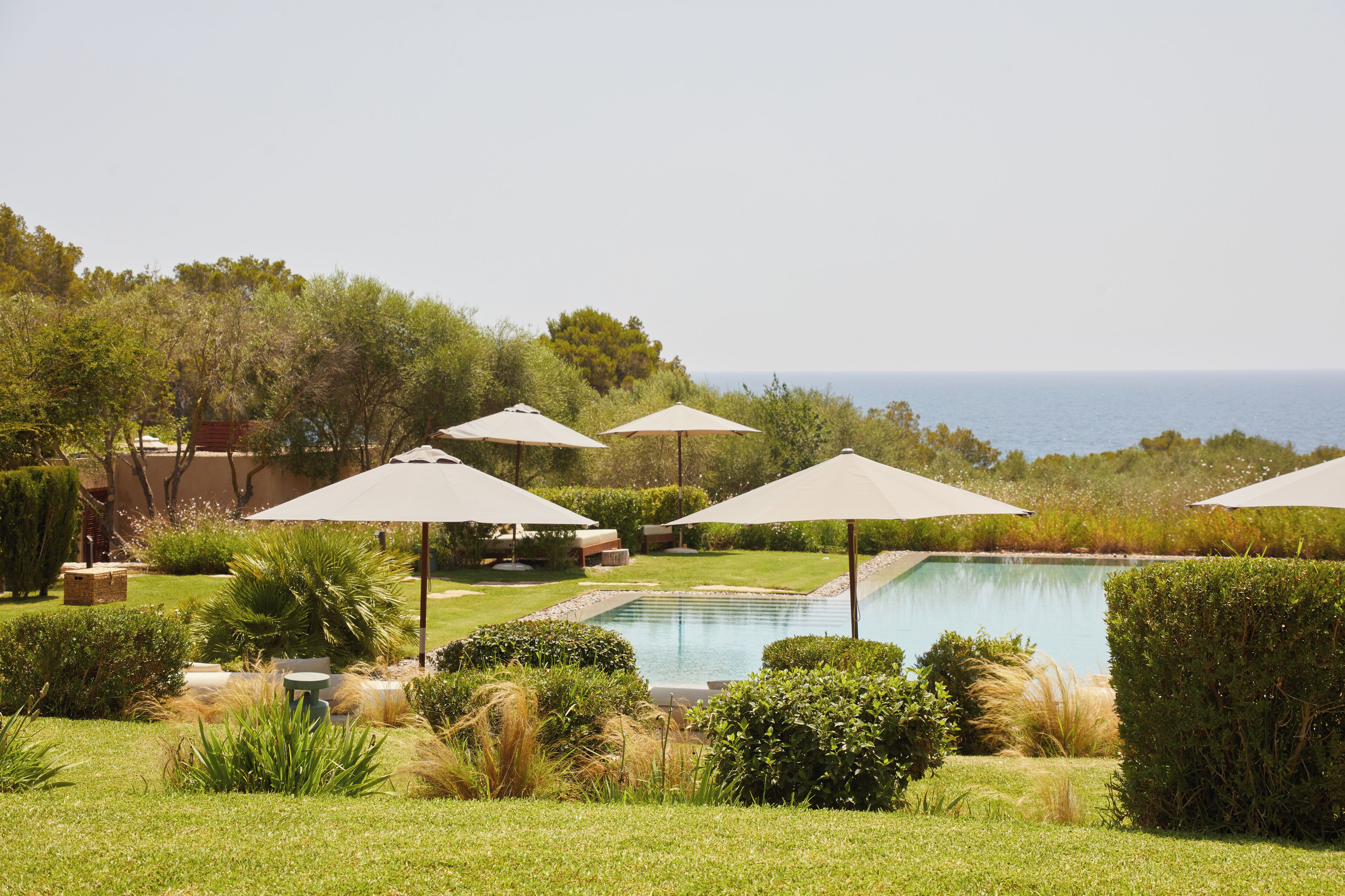 Un espace piscine agrémenté de parasols et de verdure.