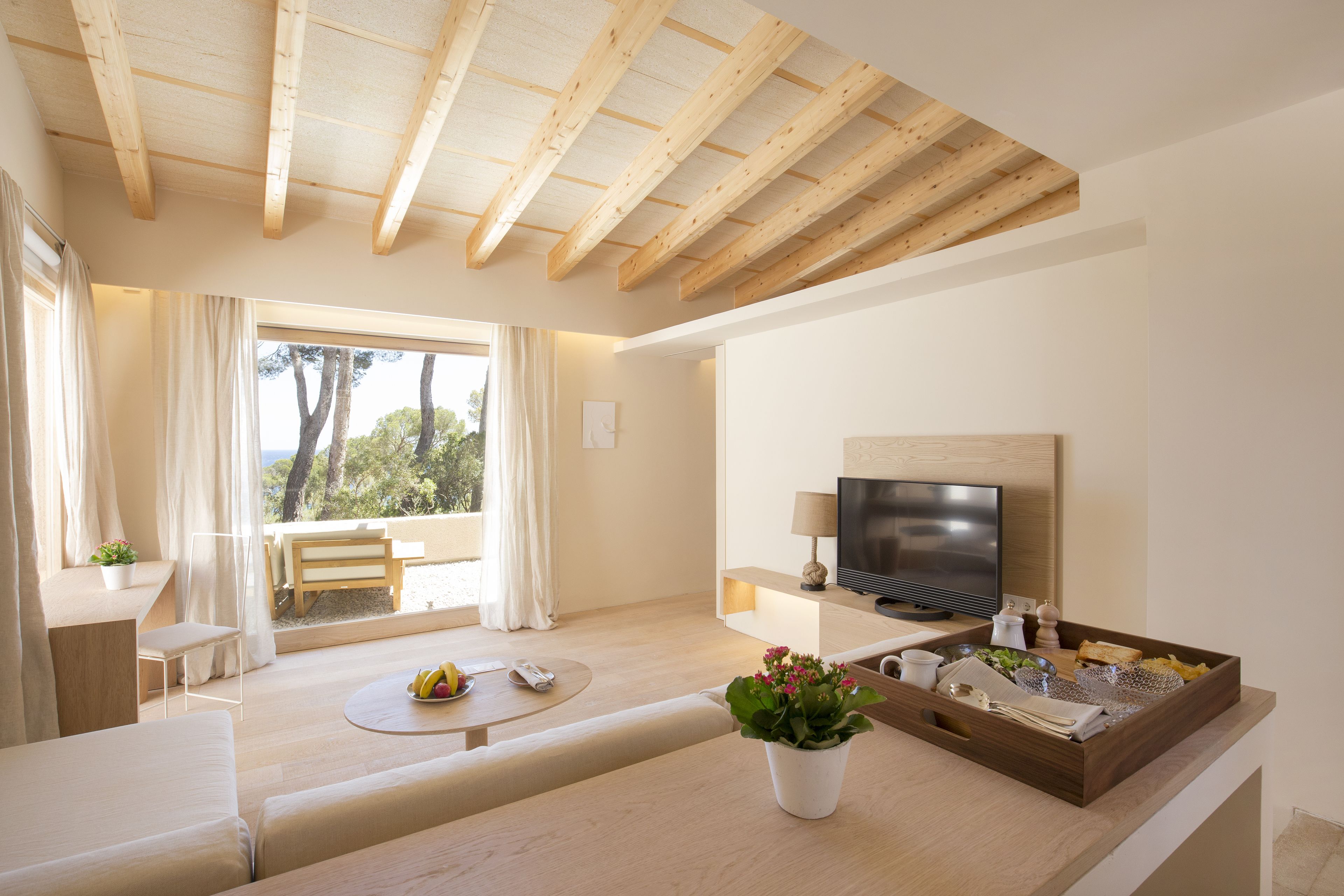 Un salon moderne avec un plafond en bois, un canapé, une table basse, un téléviseur et une fenêtre avec des rideaux.