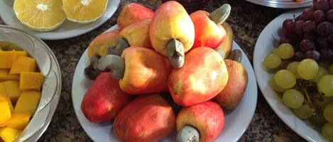 Diversas frutas como manzanas, naranjas y uvas sobre una encimera de granito.
