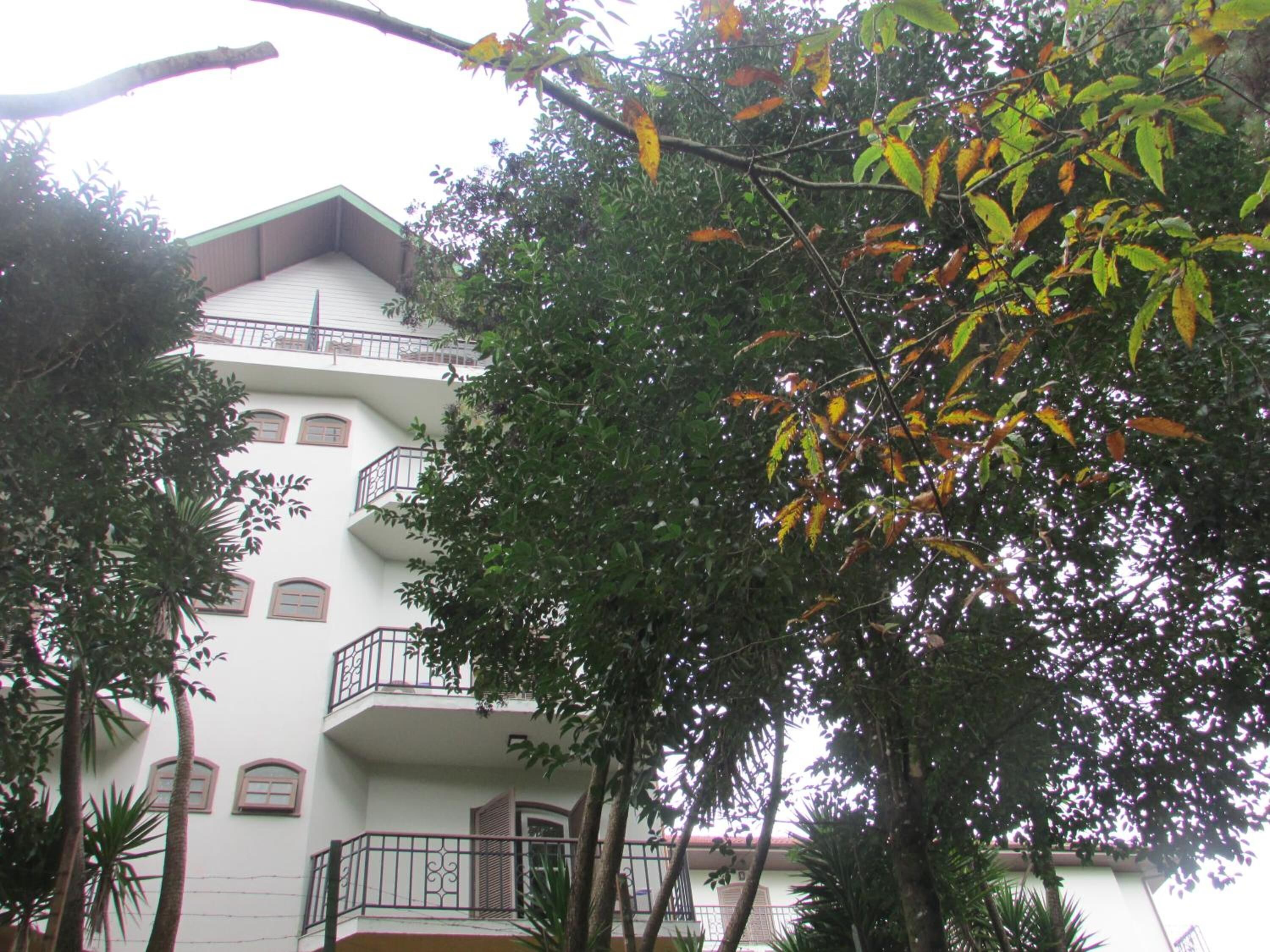 A multi-story building with balconies, surrounded by trees.