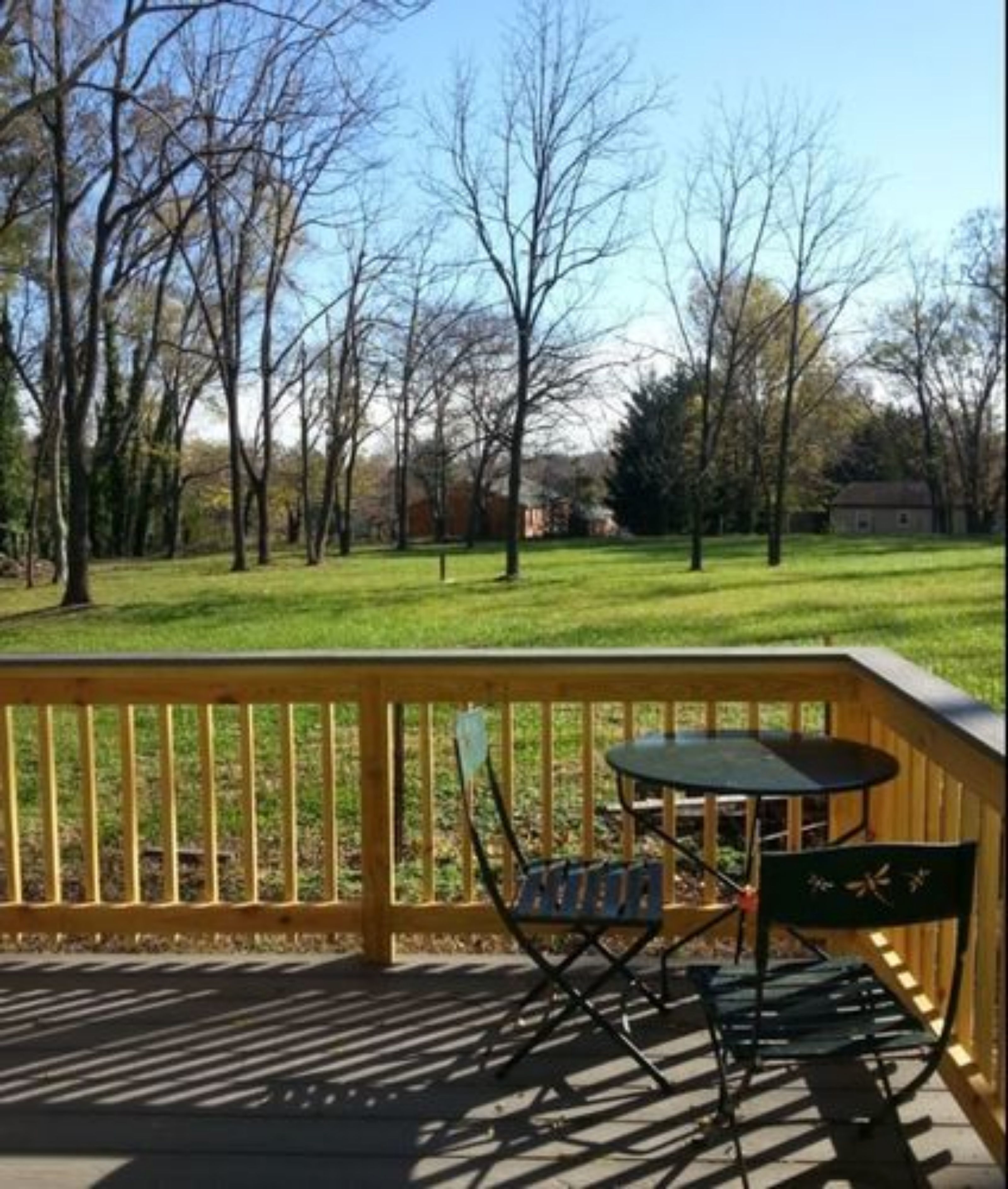 A wooden deck with a table and chairs, overlooking a grassy area with trees and a distant building.