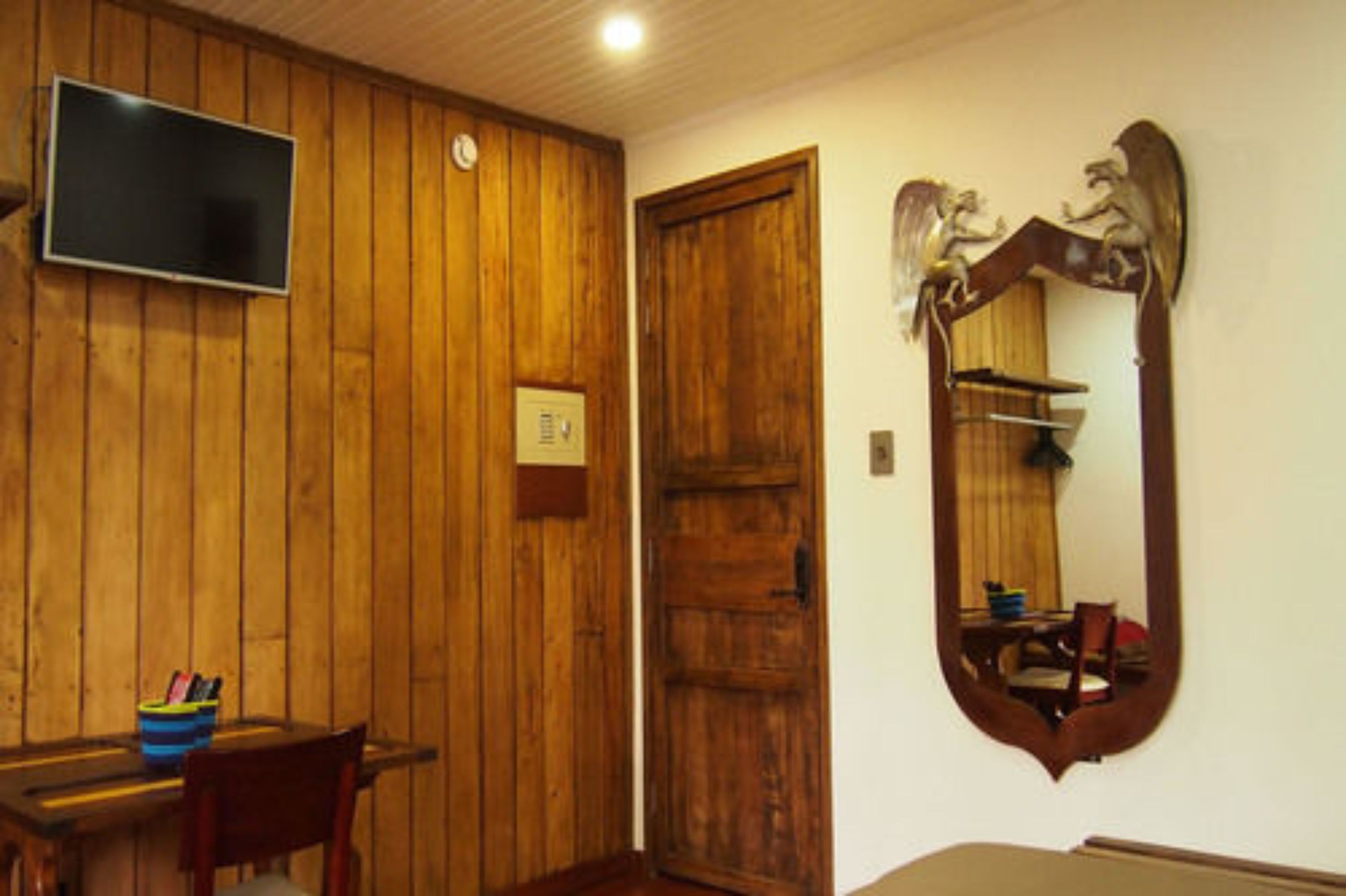 A room with wooden paneling, a wooden door, a television mounted on the wall, and a mirror with a decorative frame.