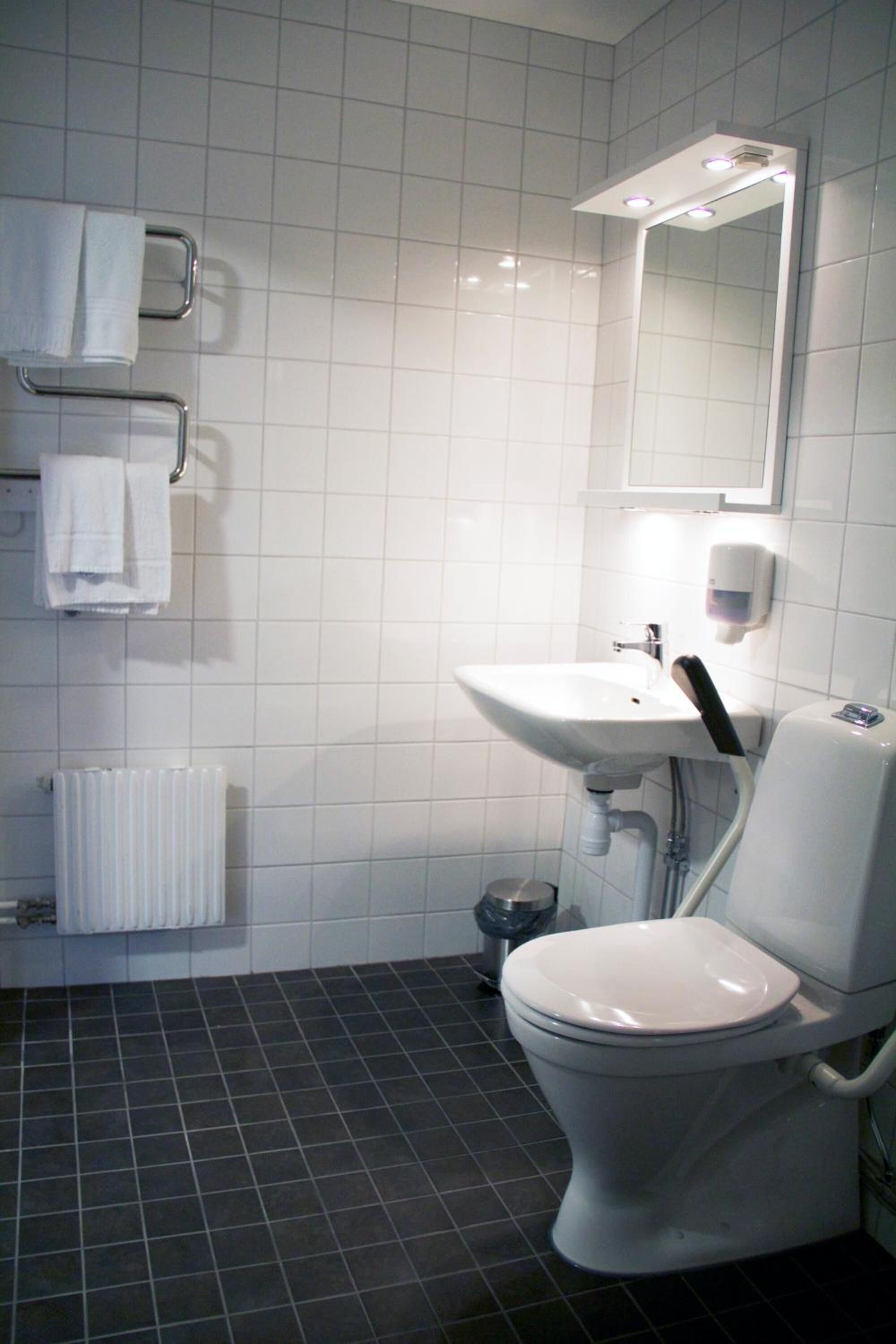 A bathroom with a white sink, a toilet, a mirror, and a towel rack.