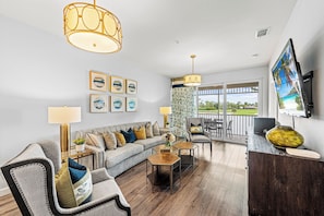 Deluxe Condo, 3 Bedrooms, Golf View, Lakeside | Living area - Solterra Vacation Rental: Luxury 3-BR Condo with Lake & Golf Views. Access to Luxury Pool, Hot Tub, and Golf Courses at Lely Resort. Close to Naples Beaches, 5th Avenue S, and Marco Island (Naples)