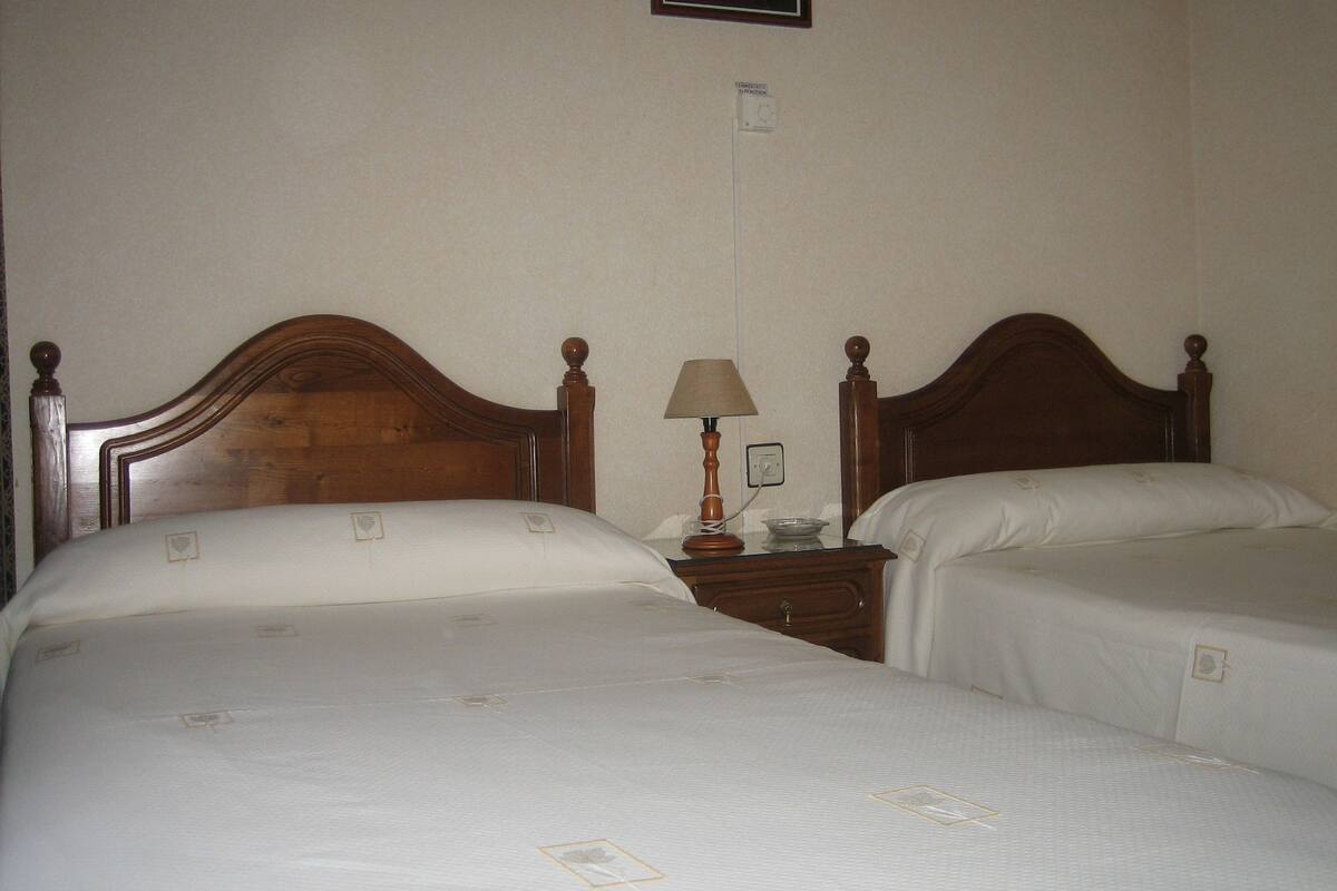 A hotel room with two single beds, a nightstand with a lamp, and a wall-mounted thermostat.