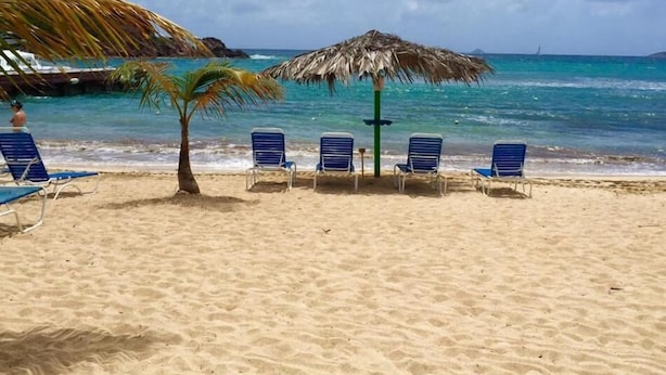 Ein Strand mit einer strohgedeckten Sonnenschirm, Palmen und blauen Liegestühlen.