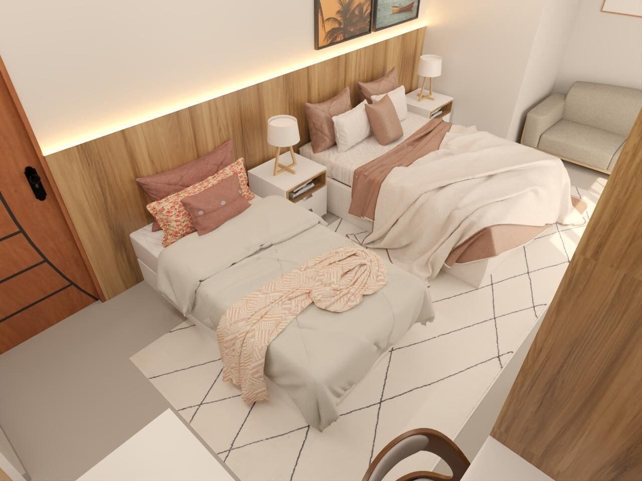 Une chambre moderne avec deux lits, une table de chevet avec une lampe et une chaise.