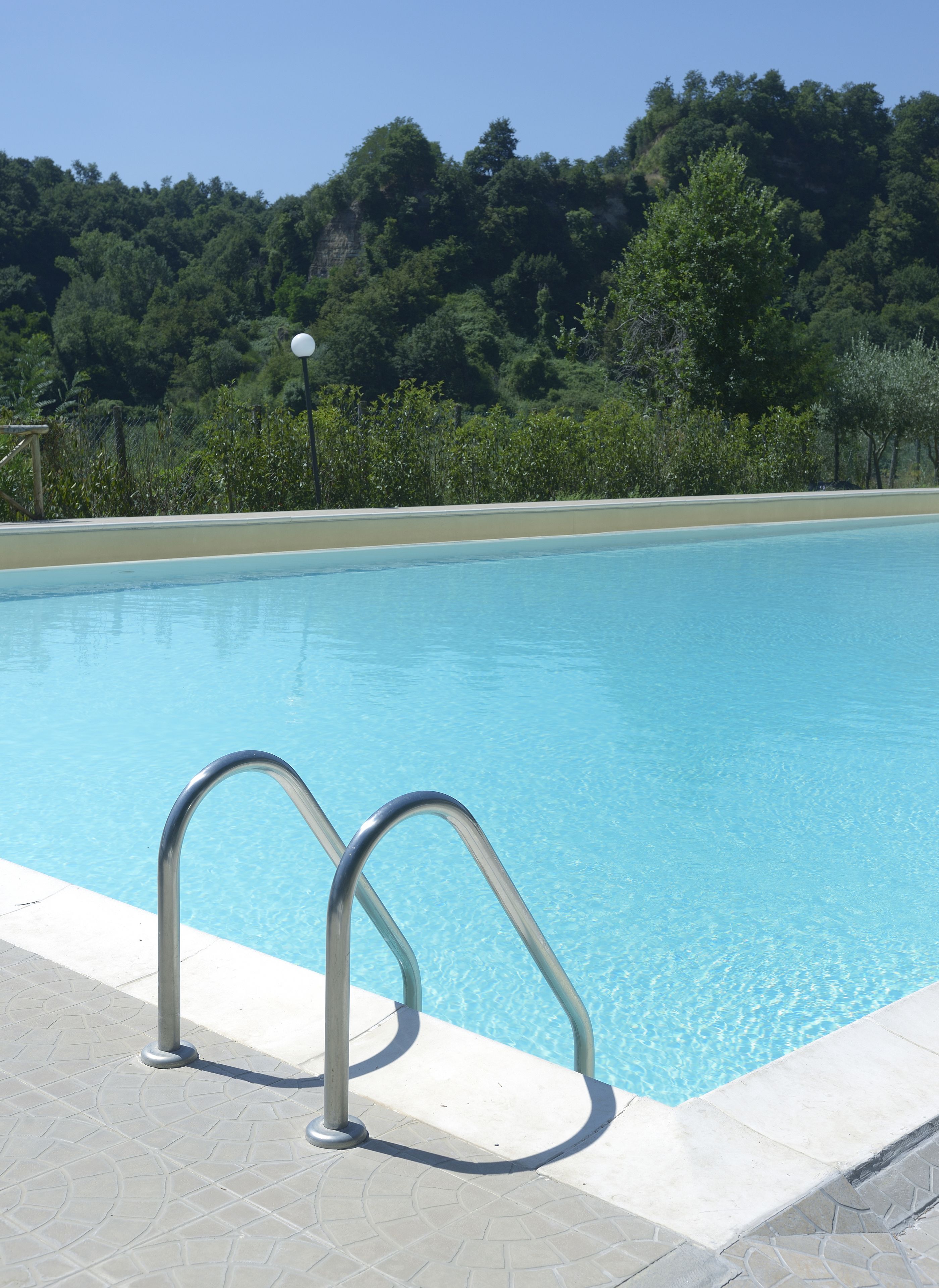 Piscina con ringhiere metalliche sul bordo, circondata da un solarium piastrellato e sullo sfondo alberi verdi e fitti.