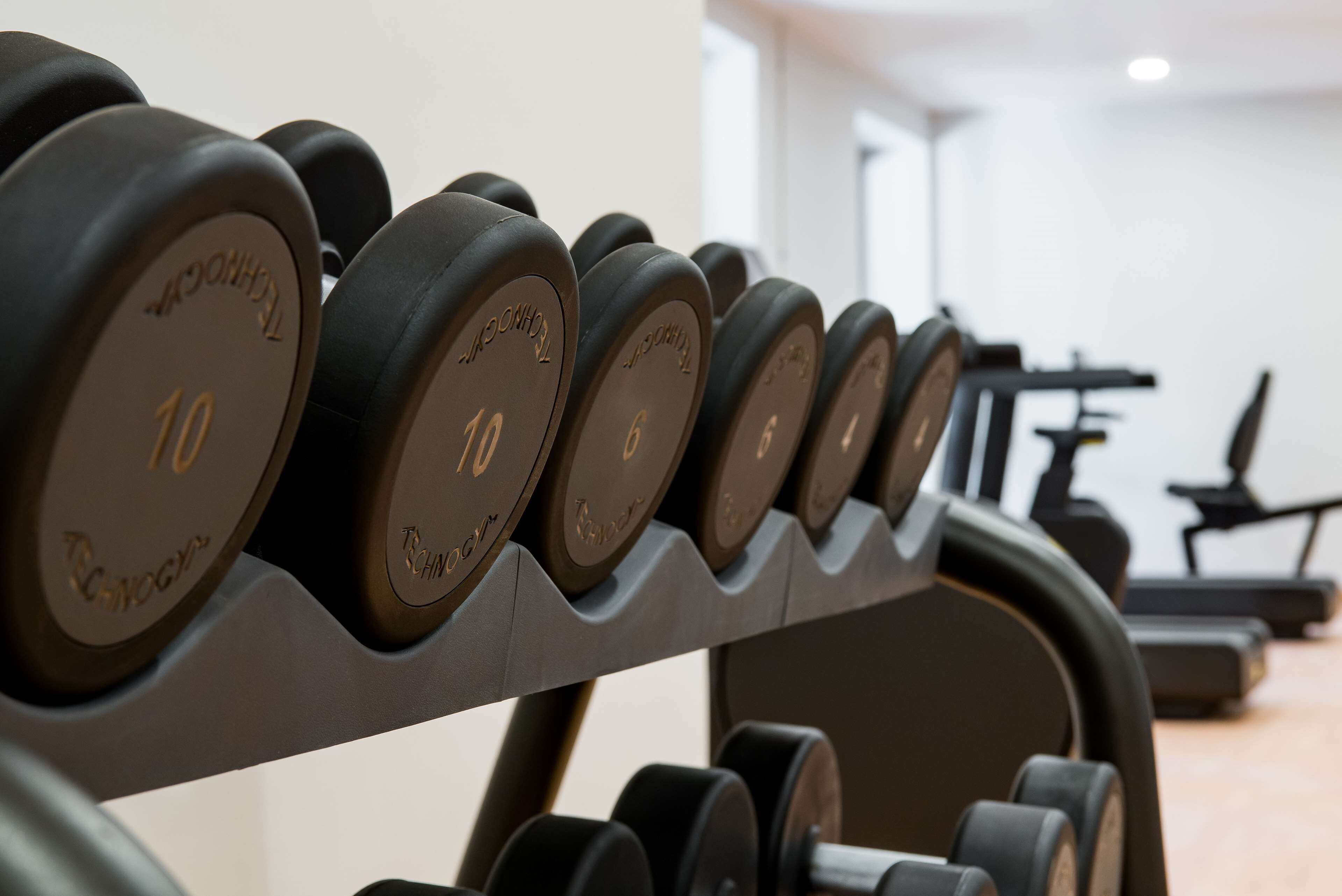 A row of dumbbells with weight markings, arranged on a rack in a gym setting.