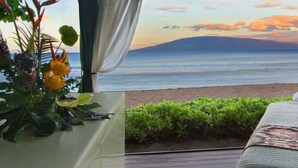 Een kamer met uitzicht op zee, een bed en een plant.