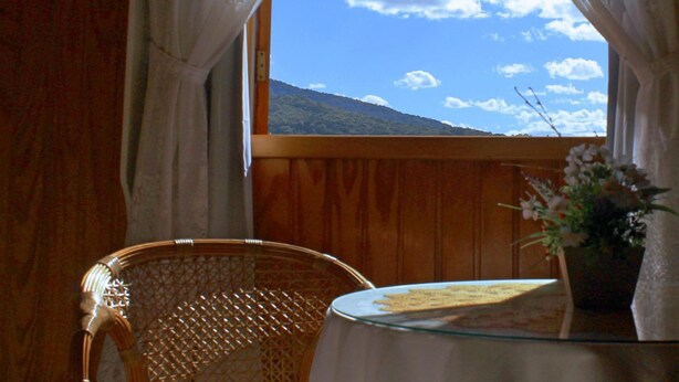 A room with a wooden interior, a wicker chair, a small table with a vase of flowers, and a window with a view of a mountain and sky.