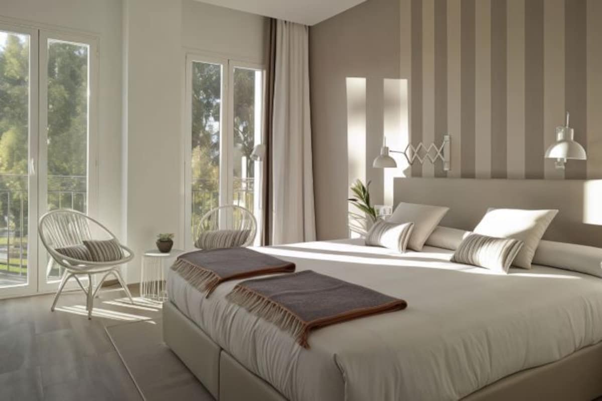 A modern bedroom with a large bed, two chairs, a small table, and a view of the outdoors.