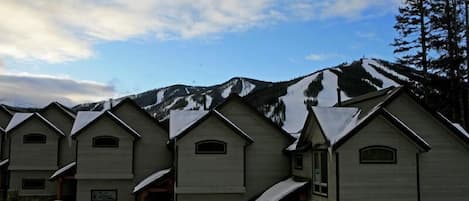 Filas de chalets con una montaña nevada al fondo.
